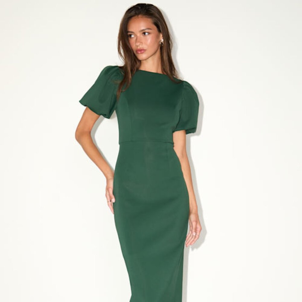 Lulus Simply Beloved Hunter Green Puff Sleeve Bodycon Midi Dress - Size S